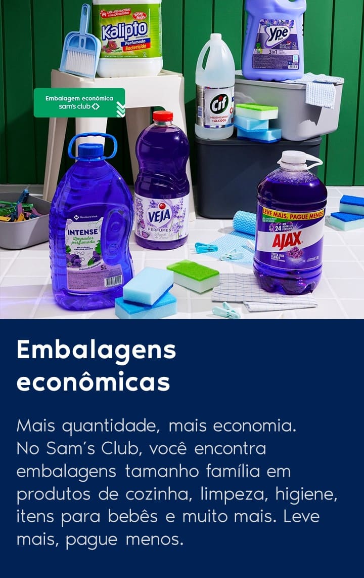 Mais quantidade, mais economia. No Sam’s Club, você encontra embalagens tamanho família em produtos de cozinha, limpeza, higiene, itens para bebês e muito mais. Leve mais, pague menos.