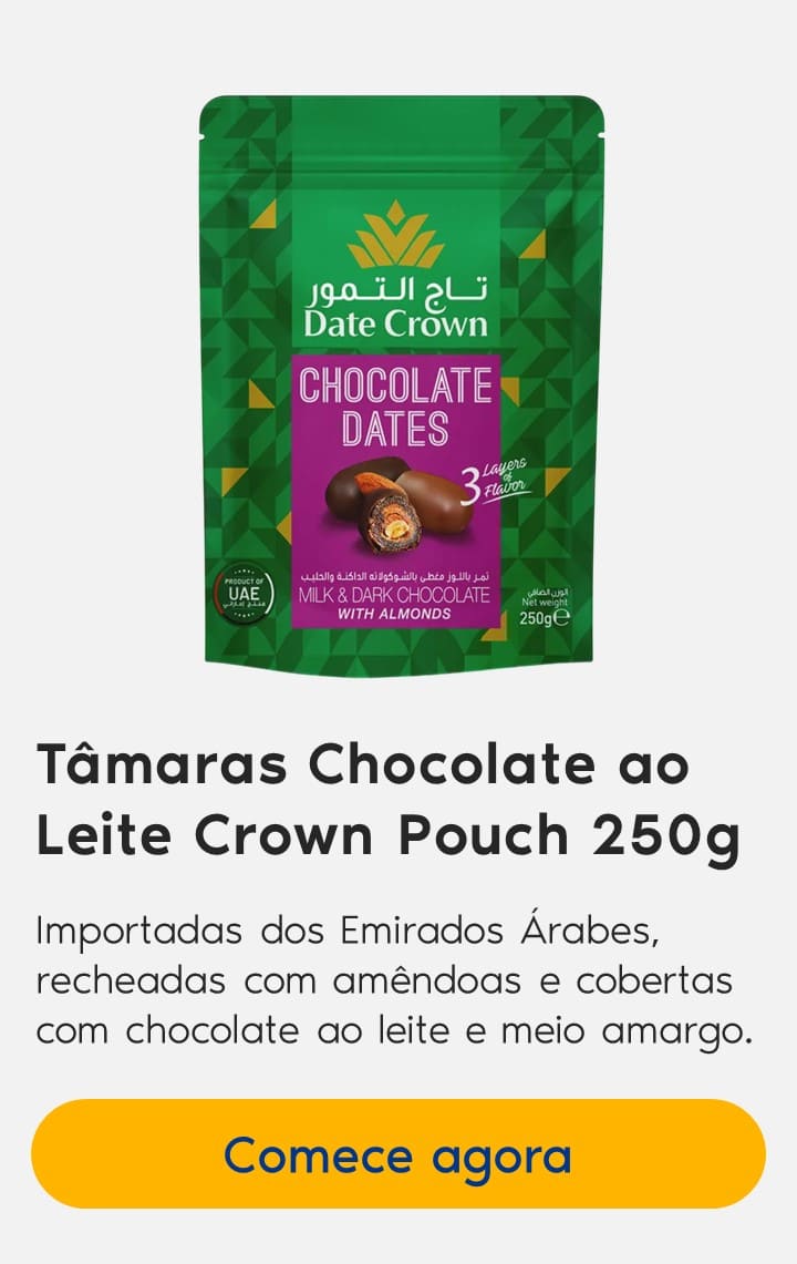 Tâmaras Chocolate ao Leite Crown Pouch 250g: Importadas dos Emirados Árabes, recheadas com amêndoas e cobertas com chocolate ao leite e meio amargo.